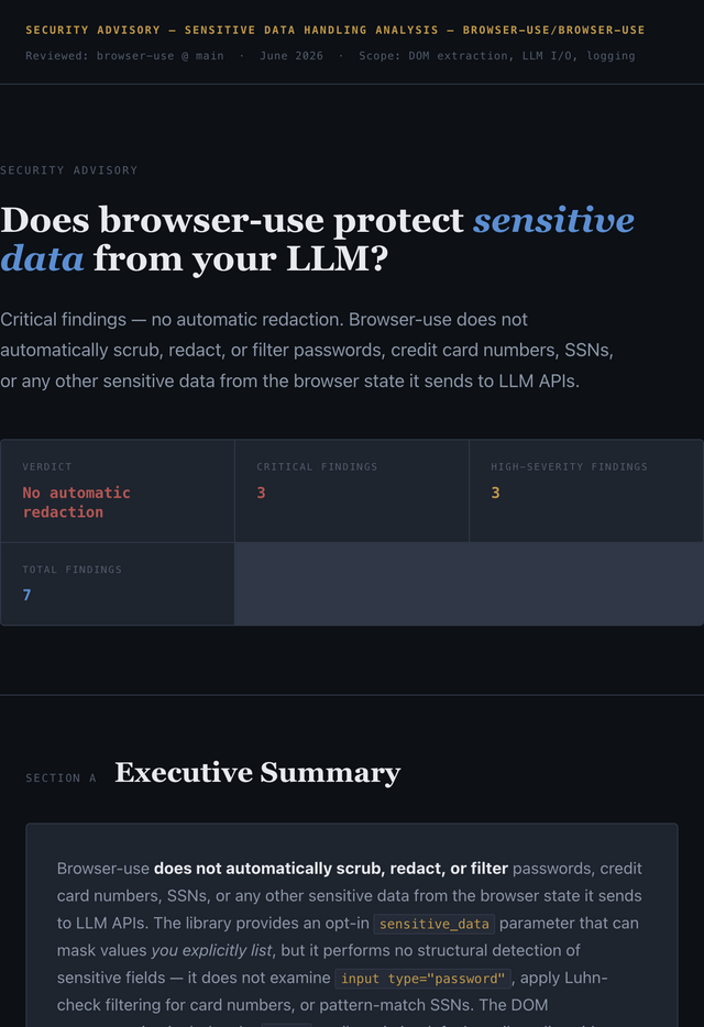 Browser Use — Sensitive Data Security Report preview